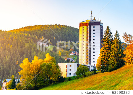 Modern high building in the centre of Pec pod Snezkou in Giant Mountains, Krkonose National Park, Czech Republic 62390283