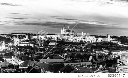 Prague Castle evening scenery. Hradcany with St Vitus Cathedral after sunset. Prague, Czech Republic Prague Castle evening scenery. Hradcany with St Vitus Cathedral after sunset. Prague, Czech Republic 62390347