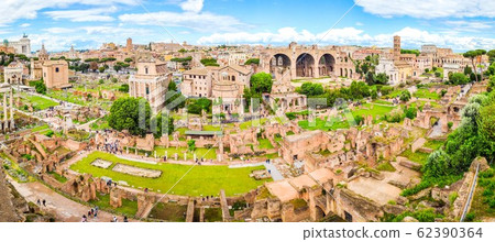 Roman Forum, Latin Forum Romanum, most important cenre in ancient Rome, Italy. Aerial panoramic view from Palatine Hill Roman Forum, Latin Forum Romanum, most important cenre in ancient Rome, Italy. Aerial panoramic view from Palatine Hill 62390364