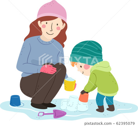 Kid Boy Mom Build Ice Castle Illustration 62395079