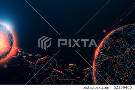 Space scene with planets, meteorite and galaxies form lines, triangles and particle style design 62399460