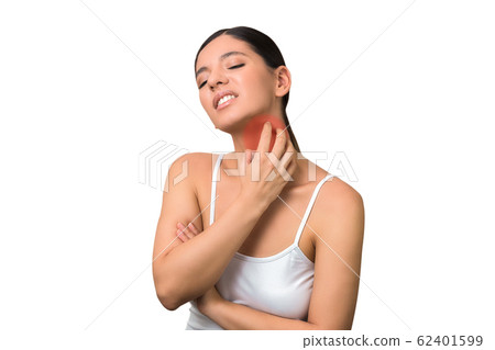 sore throat virus attack. asian woman with flu isolated on white background sore throat virus attack. asian woman with flu isolated on white background 62401599