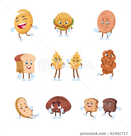 Cartoon bread characters. Bakery set with cute funny smiley faces, toast bread bagel muffin and bakery pastries. Vector bread with expressions 62402717