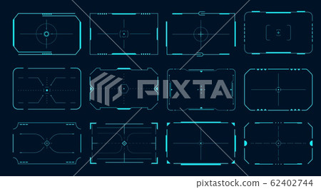 HUD frame. Futuristic game target borders, sci-fi empty banners for text, menu technology interface. Vector lock target technology screens 62402744