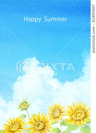 夏季明信片模板垂直水彩向日葵和接近雲 62405607
