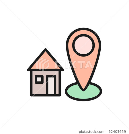 Home address, house with destination mark, geolocation flat color line icon. 62405639