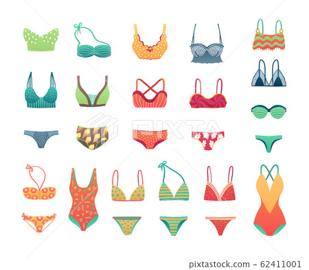 Summer beach bikini and swimwear set, girls and womans underwear lingerie vector illustration. Summer beach bikini and swimwear set, girls and womans underwear lingerie vector illustration. 62411001