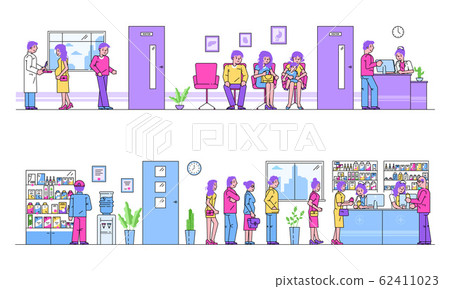 Hospital or pharmacy people queue for treatment healthcare cartoon vector illustration. Hospital or pharmacy people queue for treatment healthcare cartoon vector illustration. 62411023