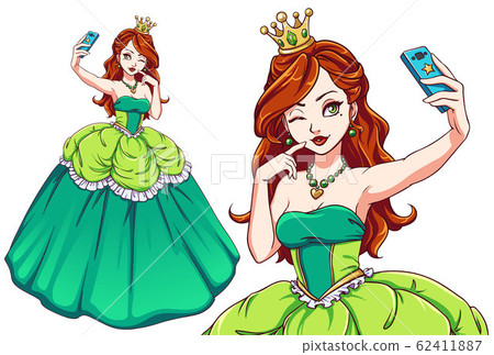 Pretty cartoon princess taking selfie. Red haired Pretty cartoon princess taking selfie. Red haired 62411887