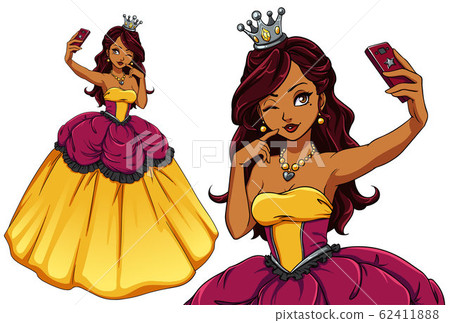Pretty cartoon princess taking selfie. Brunette - Stock Illustration  [62411888] - PIXTA