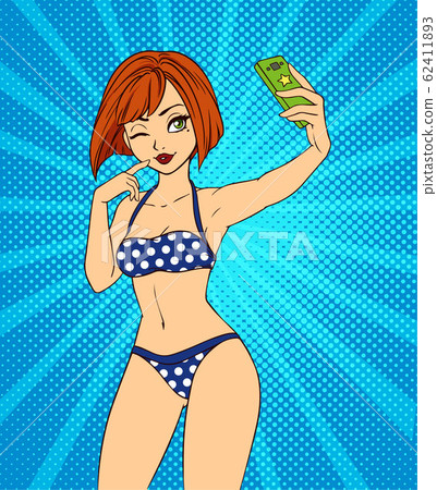Sexy cartoon girl takes a selfie. Pop art style - Stock Illustration  [62411893] - PIXTA