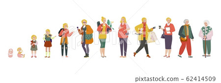 Woman in different age, stages of growing up from baby to old lady, people vector illustration 62414509