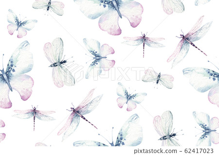 Watercolor colorful butterflies, butterfly, bugs seamless pattern on white background. blue, yellow, pink and red butterfly spring illustration. 62417023