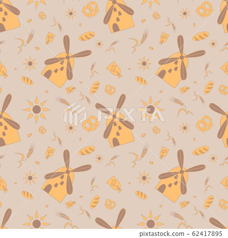 Figure mill with wheat, sun and baking, seamless texture 62417895