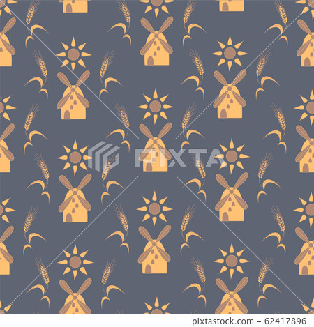 Figure mill with wheat, sun and baking, seamless texture 62417896