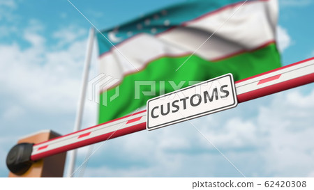 Closed boom gate with CUSTOMS sign on the Uzbek flag background. Border closure or protective tariffs in Uzbekistan. 3D rendering 62420308