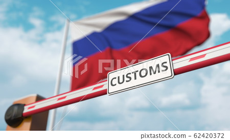 Barrier gate with CUSTOMS sign being closed with flag of Russia as a background. Russian Border closure or protective tariffs. 3D rendering 62420372