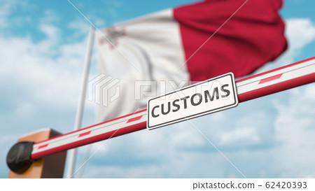 Closing boom barrier with CUSTOMS sign against the Maltese flag. Restricted border crossing or protective tariffs in Malta. 3D rendering Closing boom barrier with CUSTOMS sign against the Maltese flag. Restricted border crossing or protective tariffs in Malta. 3D rendering 62420393