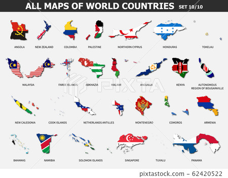 All maps of world countries and flags . Set 10 of 62420522