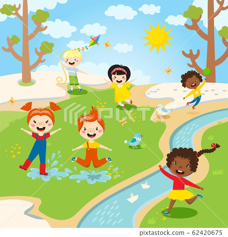 Happy children enjoying spring weather outdoor, vector illustration 62420675