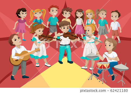 Children perform at a concert and play musical instruments. Vector concept illustration Children perform at a concert and play musical instruments. Vector concept illustration 62421180