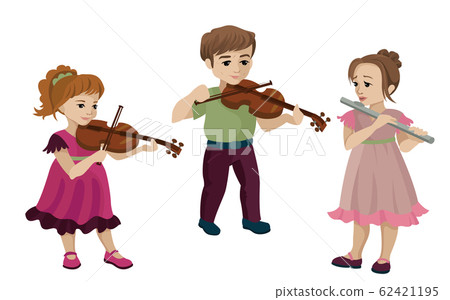 Boy and two girl playing violin and flute. Vector illustration 62421195