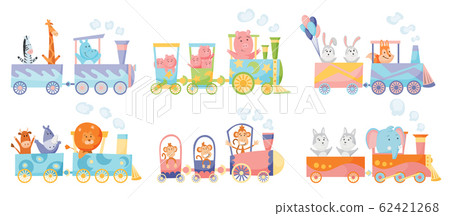 Cartoon set with different animals on trains.... - Stock Illustration  [62421268] - PIXTA