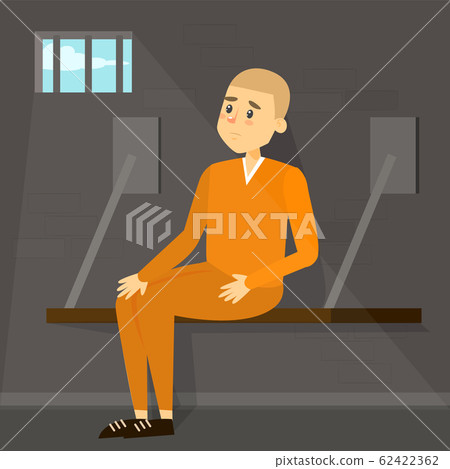 Sad man sitting in prison. Person in orange 62422362