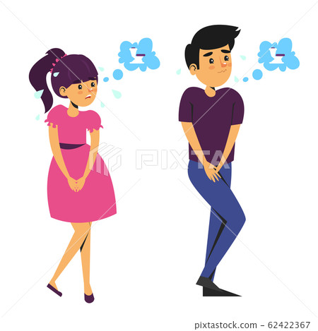 Children standing and want to pee. Girl and boy Children standing and want to pee. Girl and boy 62422367