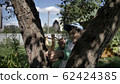 boy hides behind a tree and aims at someone with a slingshot 62424385