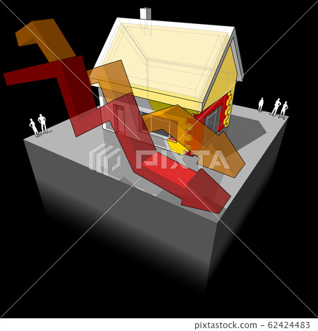 Diagram of a detached house with additional wall and roof isulation and two falling business diagram arrows diagram 62424483