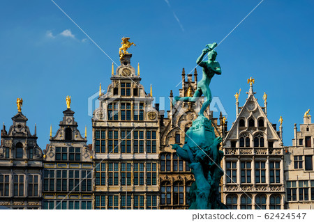 Antwerp Grote Markt old houses and monumental fountain sculpture, Belgium. Flanders 62424547