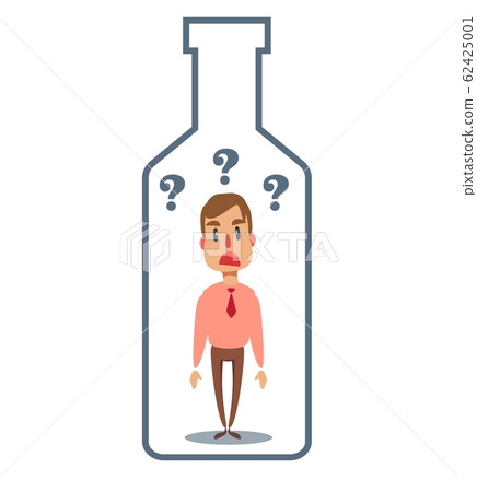 Alcohol and addiction, Young male character trapped inside a bottle, health problems 62425001