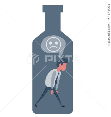 Alcohol and addiction, Young male character trapped inside a bottle, health problems 62425003