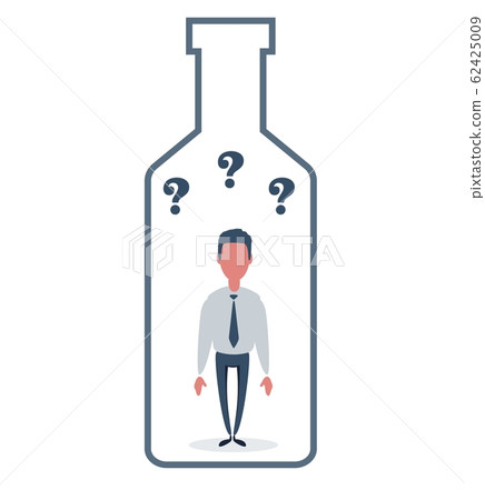 Alcohol and addiction, Young male character trapped inside a bottle, health problems 62425009