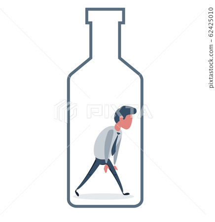 Alcohol and addiction, Young male character trapped inside a bottle, health problems 62425010