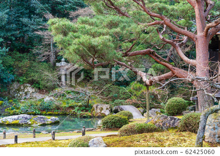 京都的神殿 二月的花園和苔蘚 照片素材 圖片 圖庫