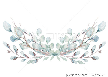 wreath of blossom pink cherry flowers in watercolor style with white background. Set of summer blooming japanese sakura branch decoration 62425126