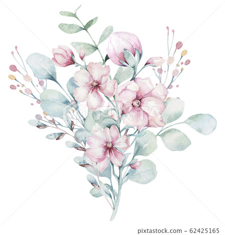 wreath of blossom pink cherry flowers in watercolor style with white background. Set of summer blooming japanese sakura branch decoration 62425165