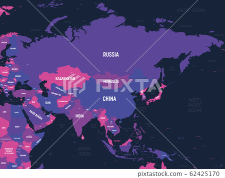 Asia. High detailed political map of asian continent with country, capital, ocean and sea names labeling 62425170