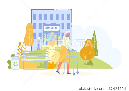 Elderly Unhealthy Woman Walking in Hospital Park. 62425334