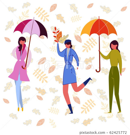 Girls Enjoying Leaf Fall Flat Vector Illustration 62425772