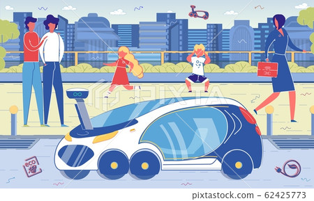 Electric or Hybrid Eco Car and Street Pedestrians. Electric or Hybrid Eco Car and Street Pedestrians. 62425773