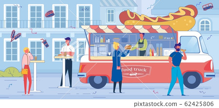 Hot Dog Truck and People on Cityscape Backdrop. Hot Dog Truck and People on Cityscape Backdrop. 62425806