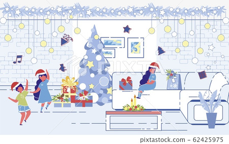 Children Playing around Decorated Christmas Tree 62425975