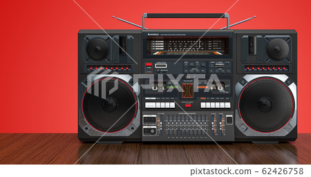 Boombox on wooden background. 3D rendering Boombox on wooden background. 3D rendering 62426758