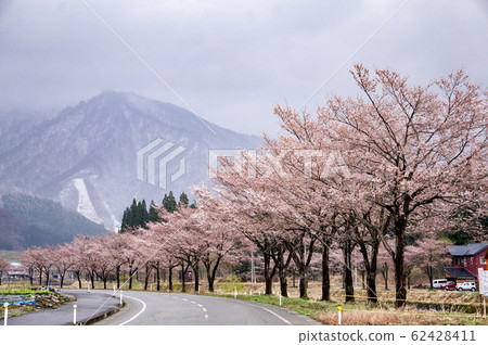 Snow remaining in Yuzawa Yukino and row of... - Stock Photo