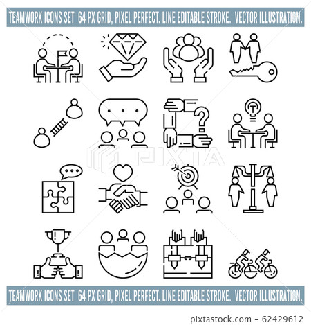 Teamwork icons Set  64 px Grid, Pixel Perfect. Line Editable Stroke.  Vector Illustration. 62429612