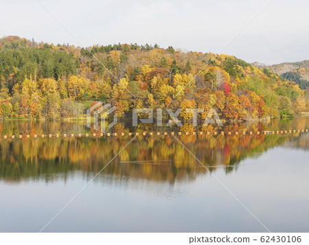 Autumn leaves mountains and trees reflected on the lake surface 03 62430106