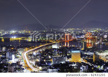 Night view from Mt. Takatou Wakato Bridge illuminated Night view from Mt. Takatou Wakato Bridge illuminated 62431201